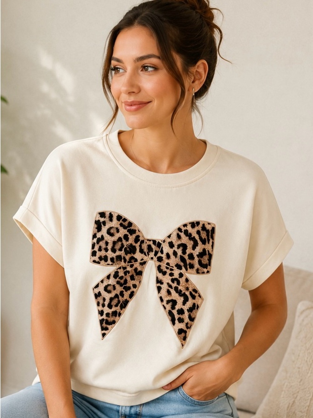 She + Sky Cream Short Sleeve Top with Leopard Bow